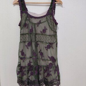Green Purple Lace Embroidered Top Tank Y2K 90s Whimsigoth Floral Fairy Medium